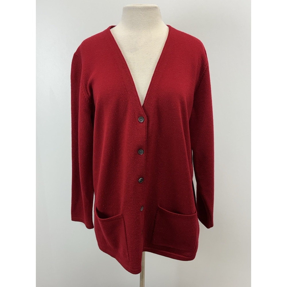 Vtg Charter Club Wool Cardigan Sweater Women's L Red Vneck Holiday Classic 90s